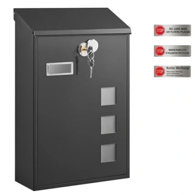 Image of SONGMICS Modern Wall Mounted Post Box with Viewing Windows, Nameplate, Lock Copper Core, Easy to Install, Black GMB031B02