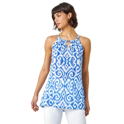 Image of Roman Petite Zig Zag Print Halterneck Top for UK Ladies Spring Everyday Summer Holiday High Round Neckline Comfy Sleeveless Soft Stretch Jersey Shirt Day Out Blouses Blue &amp; White Size 18
