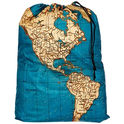 Image of Kikkerland Travel Size Laundry Bag, World Map Design Heavy Duty Polyester, Built in Pouch, Inner Loop and Carabineer, Multicolor 41cm x 56cm