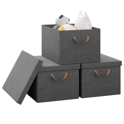 Image of WOLTU Set of 3 Storage Boxes with Lids, Foldable Fabric Basket Under Bed Handles, Wardrobe Organiser, Grey Boxes, 43x33x26cm