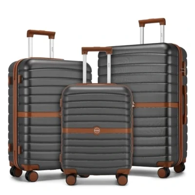 Image of Kono Suitcase Sets of 3 Piece Lightweight ABS + PC Hard Shell Trolley Case 20&quot; 24&quot; 28&quot; Travel Luggage with Digit Combination Lock Spinner Wheels (Grey/Brown)