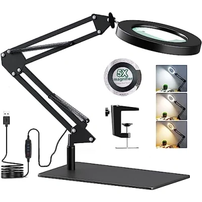 Image of Magnifying LED Desk Lamp with Base &amp; Clamp,5X Glass