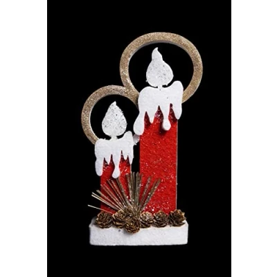 Image of SHATCHI 41Cm Christmas Pre Lit Twin Candles Battery Operated Glitter Foam Snow Covered Finish Table Decoration Red