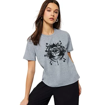 Image of Trendyol Women&#039;s Woman Fitted Standard Crew Neck Knit T shirt Shirt, Gray, XS UK