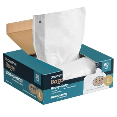 Image of SONGMICS Bin Bags, 20 L Rubbish Bags with Drawstrings, 160 Pieces, Liner Code L, Heavy Duty, Quick Dispense Box, Cream White KRB021A04