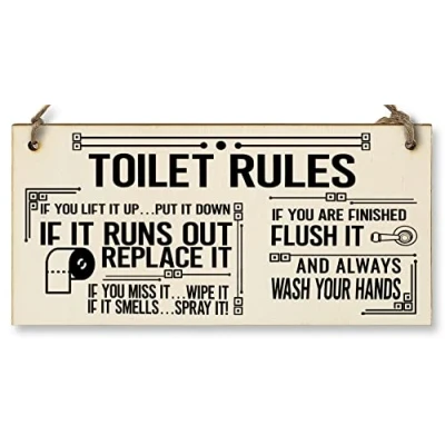 Image of Toilet Rules Funny Novelty Handmade Wooden Hanging Wall Plaque Gift Bathroom Loo Sign Home Decoration