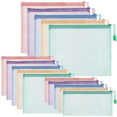 Image of ASelected 15 Pieces Document Bag A4+A5+A6 Mesh Bags Zip for File Paper Travel Make Up (5 Colours)