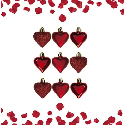Image of Toyland® Pack of 9 Red Love Heart Baubles Valentines Day Hanging Decoration Shiny Matt and Glitter