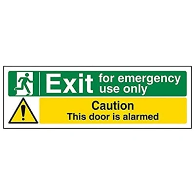 Image of V Safety Eco Friendly Safe Condition Exit for Emergency Use Only/Door Alarmed 450 x 150 mm Sign