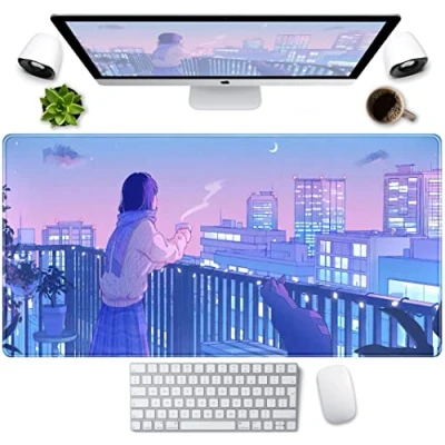Image of Purple Anime Kawaii Desk Mat Mousepad Cute Cat XXL Large Gaming Japanese Girly Aesthetic Mouse Pad Tokyo Street 31.5x15.75 in, Girl Gamer Desktop Computer Laptop Keyboard