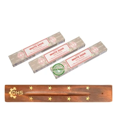 Image of Satya Nag Champa White Sage Incense Sticks Hand Rolled 3 pack With DHS Stick Holder Used for Aromatherapy,