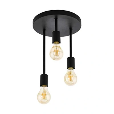 Image of EGLO Wilmcote Ceiling Light, 3 Bulb Industrial, Vintage, Retro, Steel, Living Room Lamp in Black, Kitchen Lamp, Hallway with E27 Socket