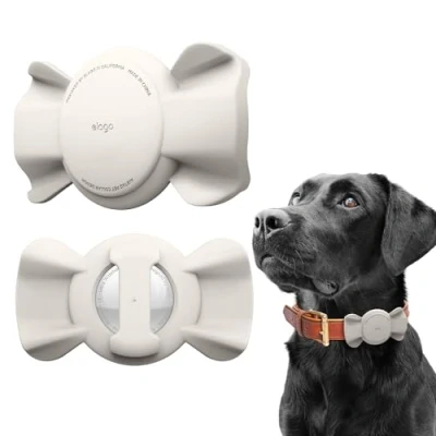 Image of elago Pet Collar Ribbon Case Compatible with Apple AirTag, Cute Designed Holder for Dog Cat Loop Harness, Premium Silicone Protective Cover [Tracking Device Not Included] (Stone)