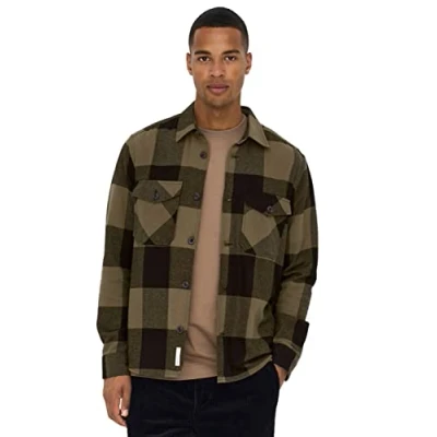 Image of ONLY &amp; SONS Men&#039;s Onsmilo LS Check Overshirt Noos Shirt, Partridge, M