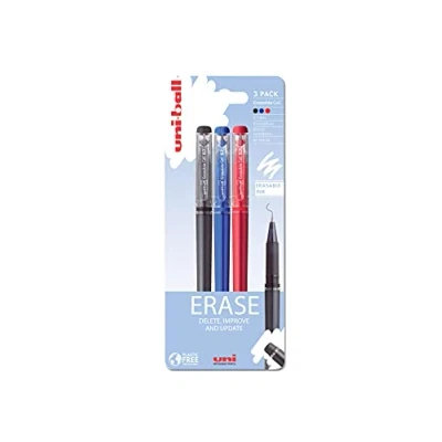 Image of Uni Ball UF 222 07 On Point Erasable Ballpoint Black, Blue and Red Gel Pens. Premium 0.7mm Rollerball Tip for Super Smooth Handwriting. Easy Retract Eraser Secure Stable Rubbing Out. Pack Of 3