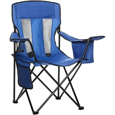 Image of Amazon Basics Comfortable, Heavy Duty, Portable Camping Chair with 4 Can Cooler, Side Pocket, Cup Holder, and Carry Bag, Collapsible for Camping, Fishing, Beach, Backpacking, Large, Mesh, Blue