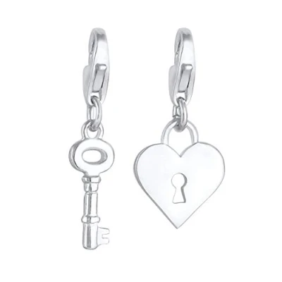 Image of Key and Lock Charm Pendant 925 Sterling Silver for Women Girls, Charms Set with Heart Element in the Sign of Love, Fits All Standard Bracelets Bracelet