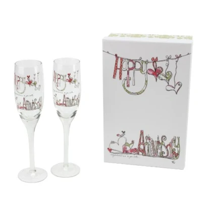 Image of Tracey Russell Happy Anniversary Pair of Wedding Champagne Flutes Glasses in Gift Box