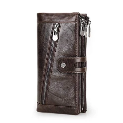 Image of Contacts Genuine Leather Wallet for Men,Large Capacity Bifold Checkbook Organizer Clutch,3 Zipper Purse Long with 12 Cards Slots(Coffee)