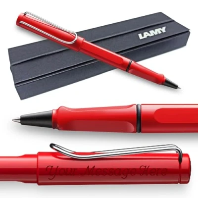 Image of Lamy Safari Rollerball Pen with personalized engraving. Ergonomic grip, medium line width, robust ASA plastic, includes blue M 63 refill, and comes gift boxed. (Red)