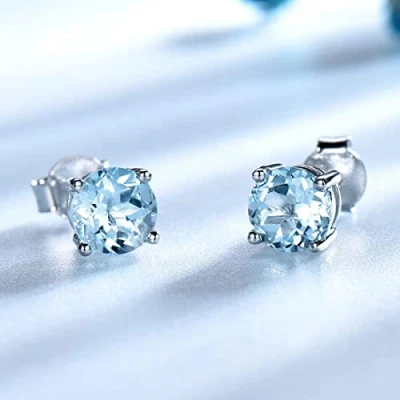 Image of Real 925 Sterling Silver Jewelry Created Sky Blue Topaz Stud Earrings Anniversary For Women Birthday Gifts