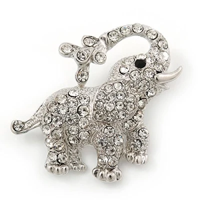 Image of Avalaya Small Rhodium Plated Pave Set &#039;Happy Elephant&#039; Brooch 37mm Across