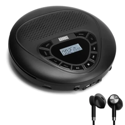 Image of Portable Rechargeable CD Player August SE10 Discman Music with Anti Shock Speaker skid MP3 LCD Disc/Disc/Micro SD/EQ/AUX Cable for