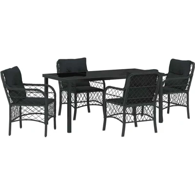 Image of vidaXL 5 Piece Garden Dining Set with Cushions Black Poly Rattan