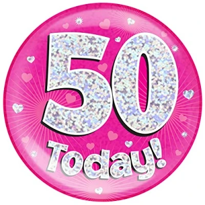 Image of OAKTREE UK 633230 6&quot; Jumbo Badge 50 Today Pink Holographic Dot