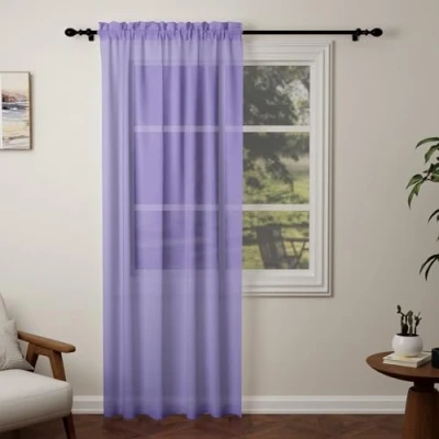 Image of Pacok Purple Voile Curtains, 90 Drop Net Curtain for Windows, Rod Pocket Sheer Panel Curtains Living Room Kitcken Bedroom W56xL90 Inch(Purple, 142 x 228cm)