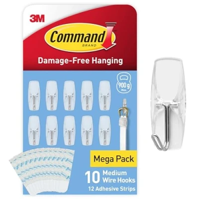 Image of Command Wire toggle Hooks Medium Transparent Indoor Use Multi pack of 10 and 12 Adhesive Strips Suitable for Hanging items up to 900 g Damage Free
