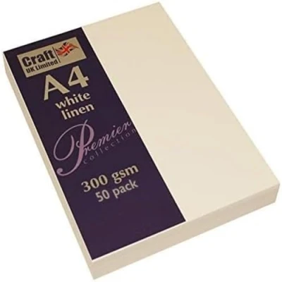 Image of Craft UK 2390 A4 White Recycled Linen Card 300 GSM 50 Sheets, Packaging May Vary
