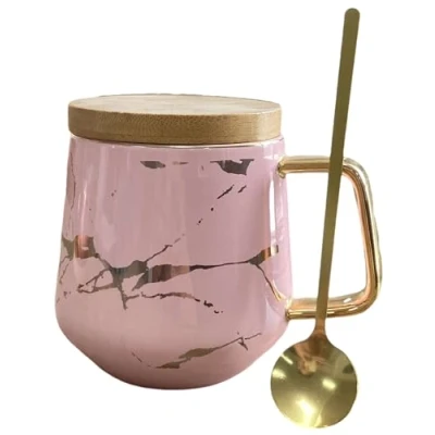 Image of Eplze YBK Tech Porcelain Tea Cup Coffee Mug Set for Afternoon Marble Pattern (Pink, Tall 400ml + Wood lid)