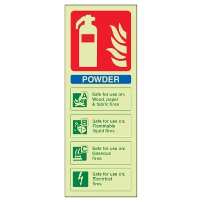 Image of V Safety Glow In The Dark Powder Id Fire Extinguisher Sign 100mm x 280mm Rigid Plastic