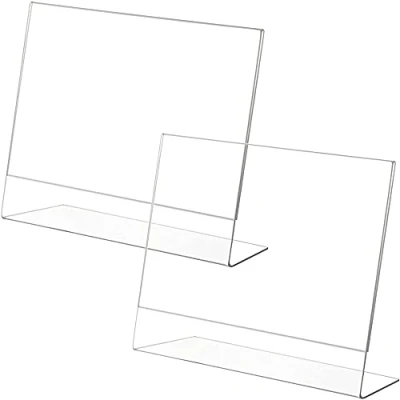 Image of 2 Pieces A5 Acrylic Sign Holder, Plastic Display Stands, Menu Holders Counter Poster Stand, L Shape Clear Perspex Leaflet Stands for Tables, Restaurant, Hotel, Shop, Company, Office