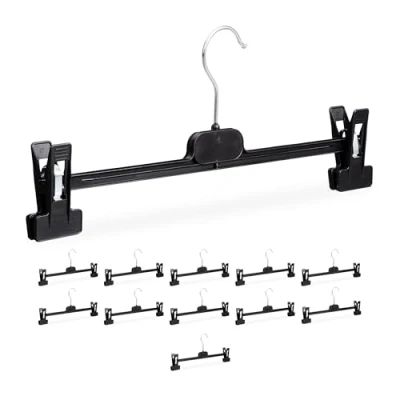 Image of Trouser Hanger, Set of 12, 2 Clips, for Pants &amp; Skirts, Closet Storage, hwd: 15x35.5x2.5 cm, pp Iron, Black Relaxdays