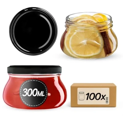 Image of KADAX Glass Jars 300 ml, Small Preserving with Metal Lids for Homemade Jam and Honey, Storing Spices Herbs (Black Lids, Set of 100)
