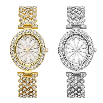 Image of JewelryWe Watches for Women Iced Out Full Diamond Luxury Dress Watch Rhinestone Analog Oval Quartz Wrsitwatch