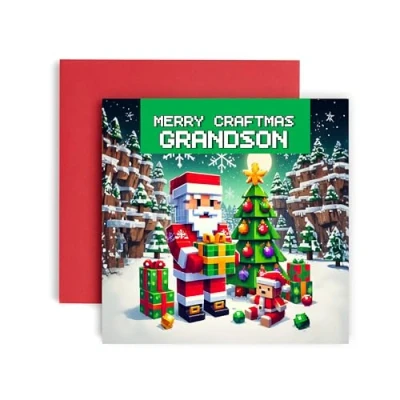 Image of Huxters Cool Christmas Card for Grandson Computer Game Scene Merry Craftmass Him and Men Uncle Brother Son 14.8cm (Grandson)