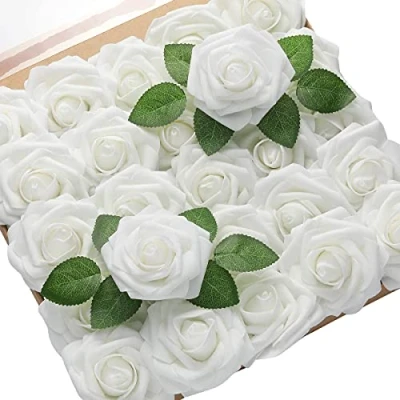 Image of PIQIUQIU 25pcs Artificial Foam Rose Flower Flowers Roses for Wedding Home Decoration (White)