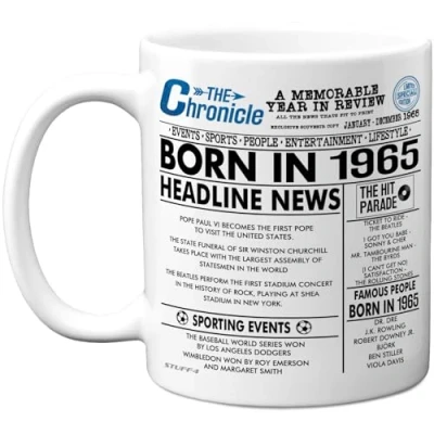 Image of Stuff4 60th Birthday Mug Gift for Men Women Born in 1965 Newspaper Happy 60 Gifts Mum Dad Uncle Aunt Vintage Retro Back Age Sixty Bday, 11oz Ceramic Coffee Mugs