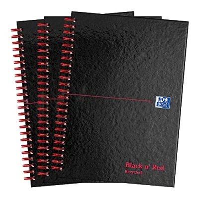 Image of Oxford Black n&#039; Red A5 Notebook Hardcover, Recycled, Glossy, Wirebound, Lined (Pack of 3)