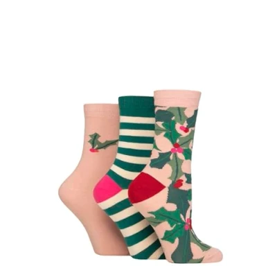 Image of Women&#039;s 3 Pair Caroline Gardner Christmas Patterned Cotton Socks Holly &amp; Stripes Pink 4 8