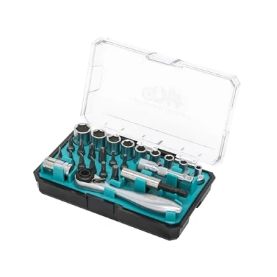 Image of H Mini 72 Tooth Reversible Ratchet Handle 1/4&quot; Drive &amp; Magnetic Bit Holder, Made in Taiwan, with Portable case, 25 Piece Socket and Bits Set AKM027 G