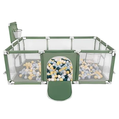 Image of Selonis Baby Playpen Big Size Playground with 100 Balls for Kids, Green:Dark Turquoise/Pastel Blue/Pastel Yellow/White