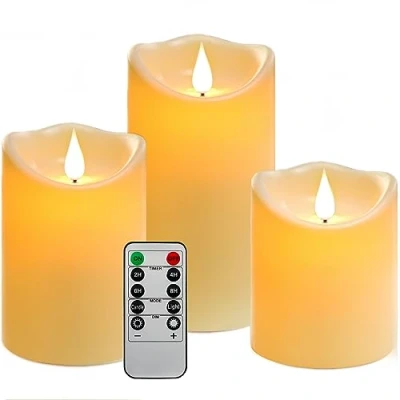 Image of LED Candle Light, Outdoor Waterproof Candle, Flashing Battery Powered with Remote Control and Timer, Ivory White Plastic, 10cm, 12.5cm, 15cm 3pcs
