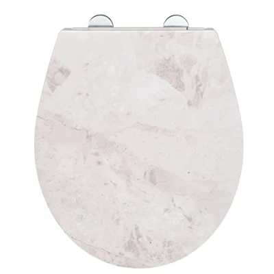 Image of WENKO White Marble toilet seat, robust loo seat in antibacterial Duroplast with automatic soft closing mechanism &amp; Fix Clip stainless steel fastening, lid relief surface, 38 x 44.5 cm