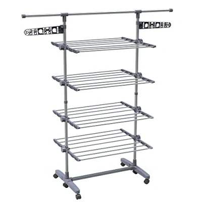 Image of VOUNOT 4 Tier Clothes Airer Drying Rack, Large Horse with Telescopic Rod &amp; Wheels, Folding Stainless Steel Laundry Racks for Indoor Outdoor