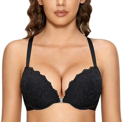 Image of DOBREVA Women&#039;s Push Up Front Fastening Bras Racer Back Lace Padded Plunge Underwired Bra Black 38DD