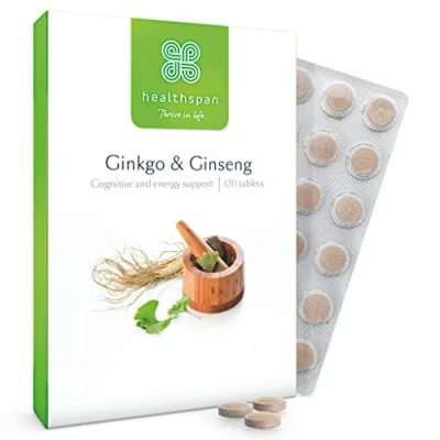 Image of Healthspan Ginkgo &amp; Ginseng 120 Tablets Biloba Panax Extracts Iodine Vitamin B3 B5 Vegan